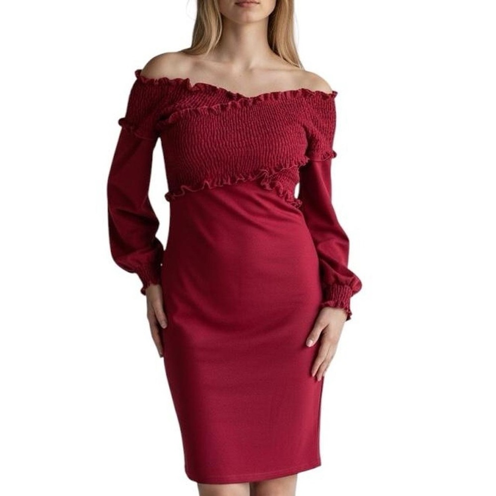 Burgundy Off-The-Shoulder Smocked Midi Dress - Wine Long Sleeve Bodycon